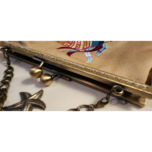 Vintage Brown Crewel Embroidered Handbag Purse - Removable Chain -- Ocean Theme - Picture 8 of 8